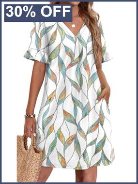Ruffle Sleeve V-Neck Shift Dress with Pockets for Summer